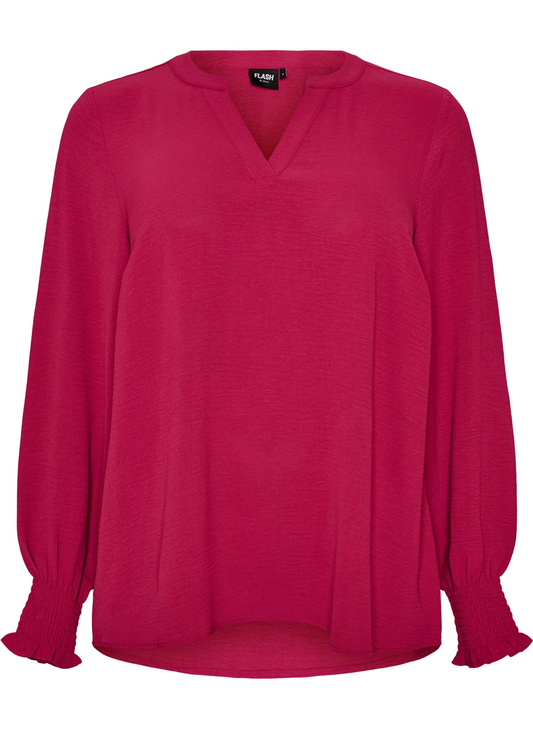 ZizziBluse med smockmansjetter og V-hals, R&oslash;d, Packshot image number 0