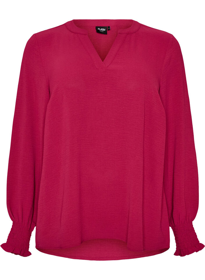 Bluse med smockmansjetter og V-hals, R&oslash;d, Packshot image number 0