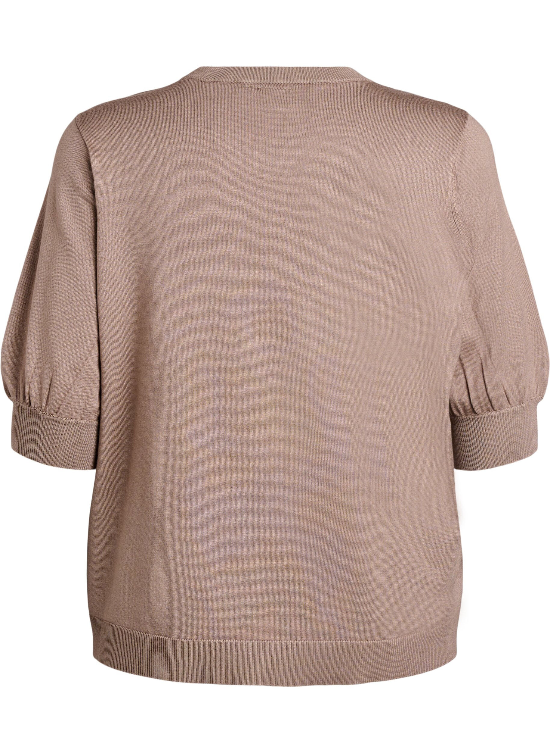Zizzi Strikket bluse med korte ermer og sm&aring; sl&oslash;yfer, Beige, Packshot image number 1