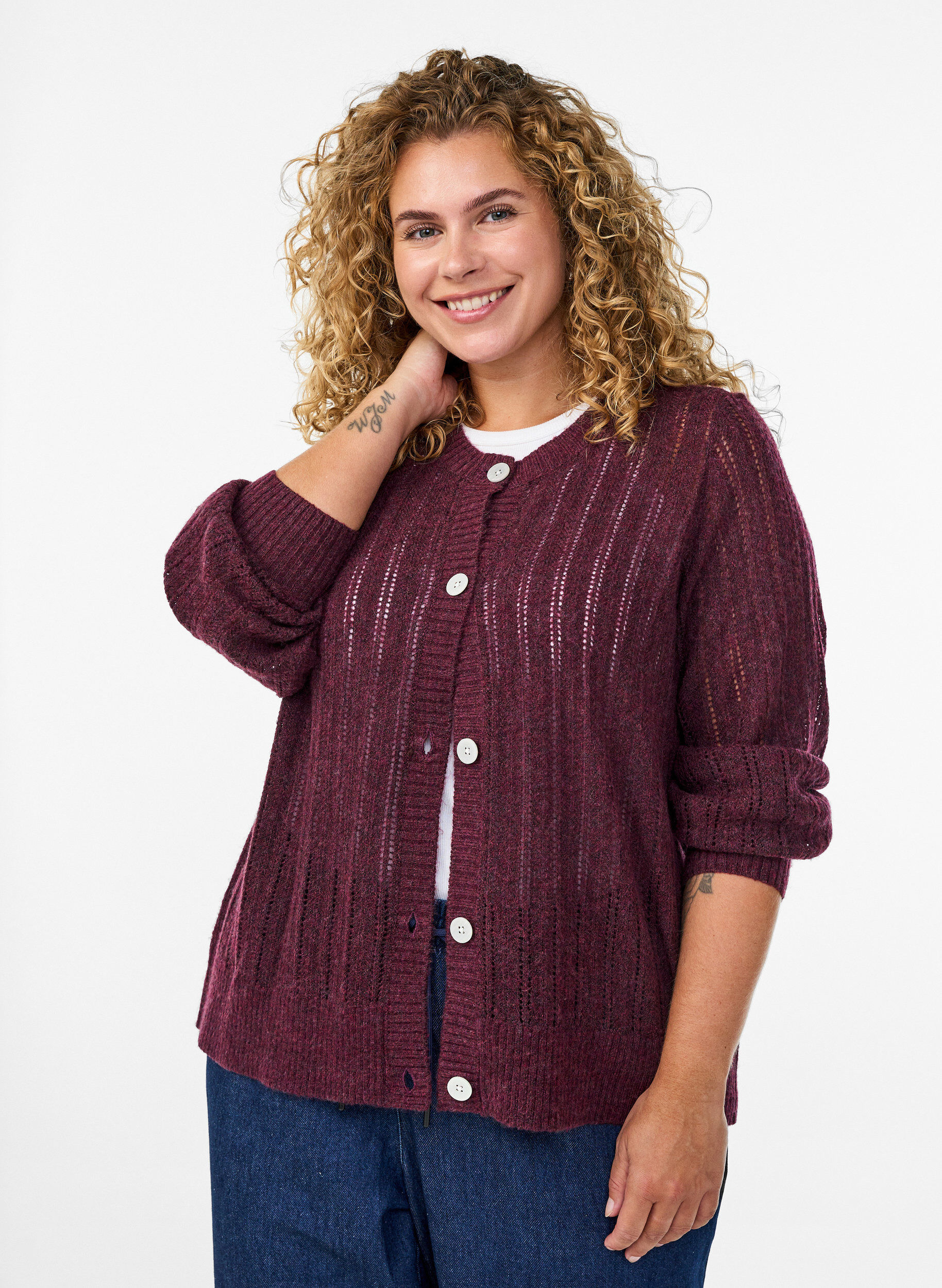 Strikket cardigan med &aring;pent m&oslash;nster, M&oslash;rk Bordeaux, Model
