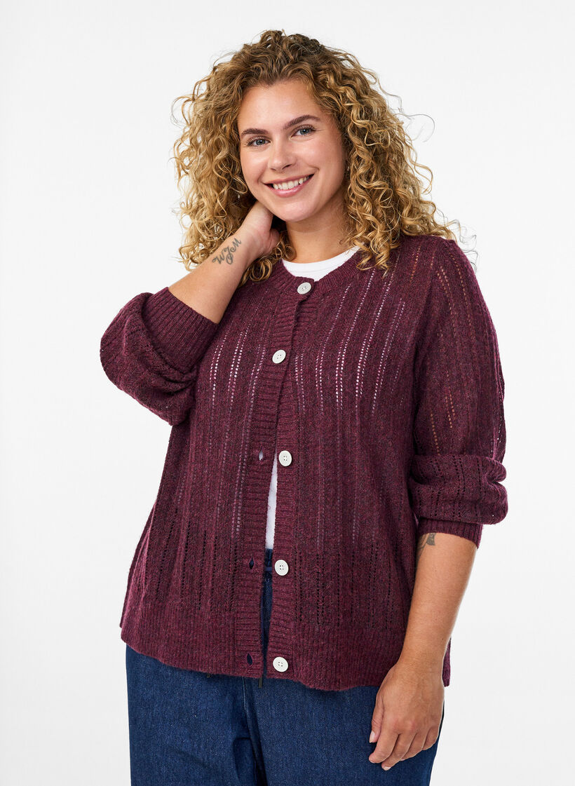 Strikket cardigan med &aring;pent m&oslash;nster, M&oslash;rk Bordeaux, Model image number 0
