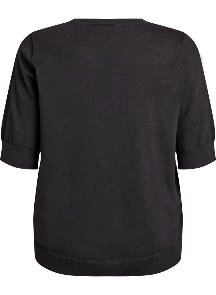 Finstrikket bluse med korte ermer, Svart, Packshot image number 1