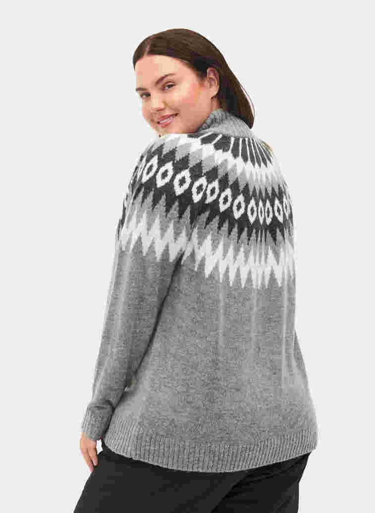 Jacquardmønstrete strikkegenser med høy hals og glidelås, Dark Grey Mel. Comb, Model