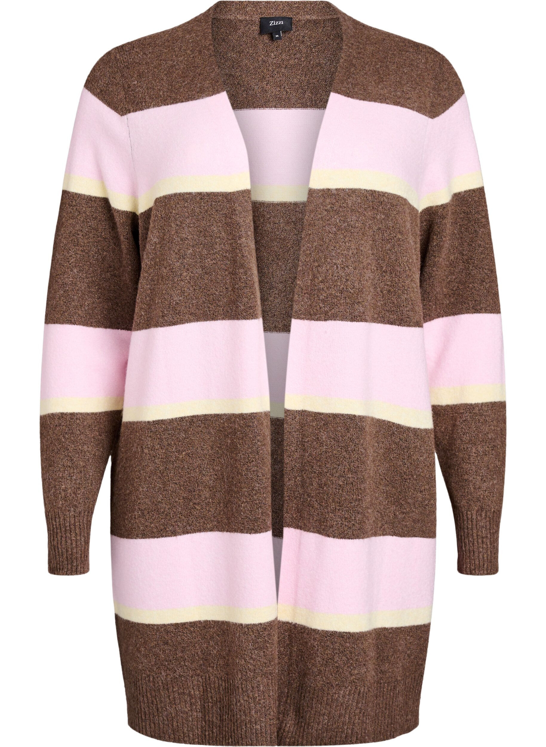 Zizzi Lang strikkecardigan med brede striper, Brun, Packshot image number 0