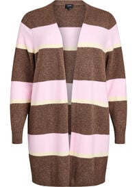 Lang strikkecardigan med brede striper, Brun Lang strikkecardigan med brede striper