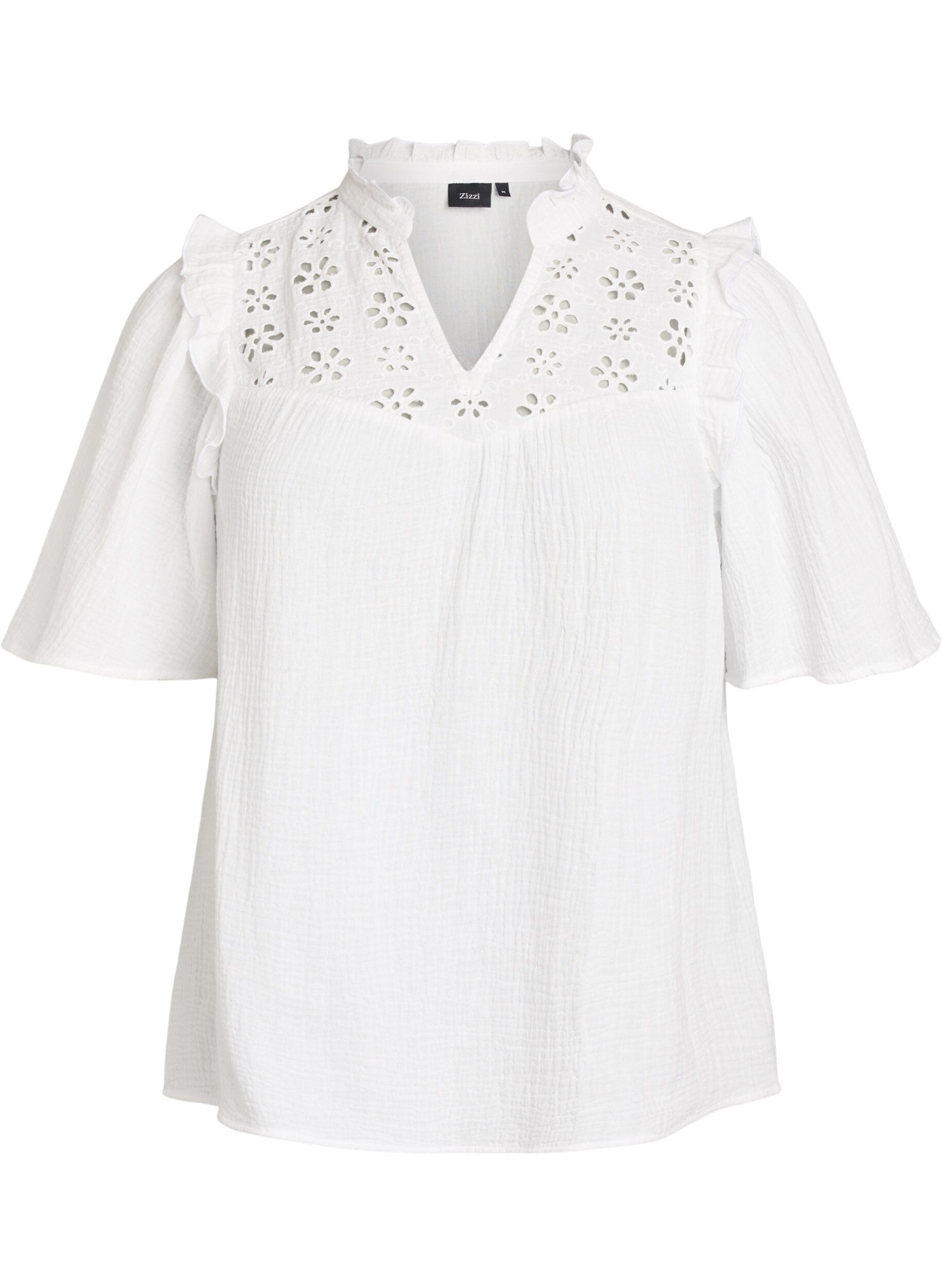 Bluse i bomullsmusselin med broderie anglaise og 1/2 ermer