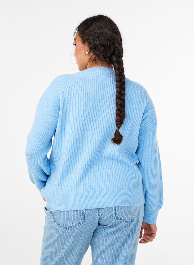 Ribbestrikket cardigan med knapper, Bl&aring;, Model image number 2