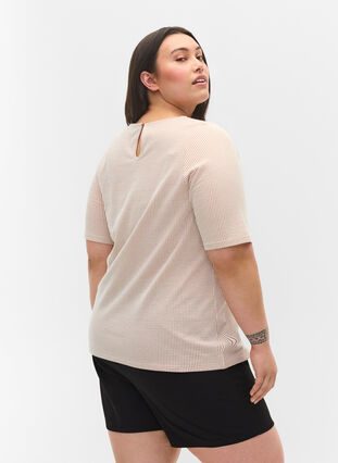 Stripete bluse med 3/4-ermer, Pecan Brown Stripe, Model image number 1