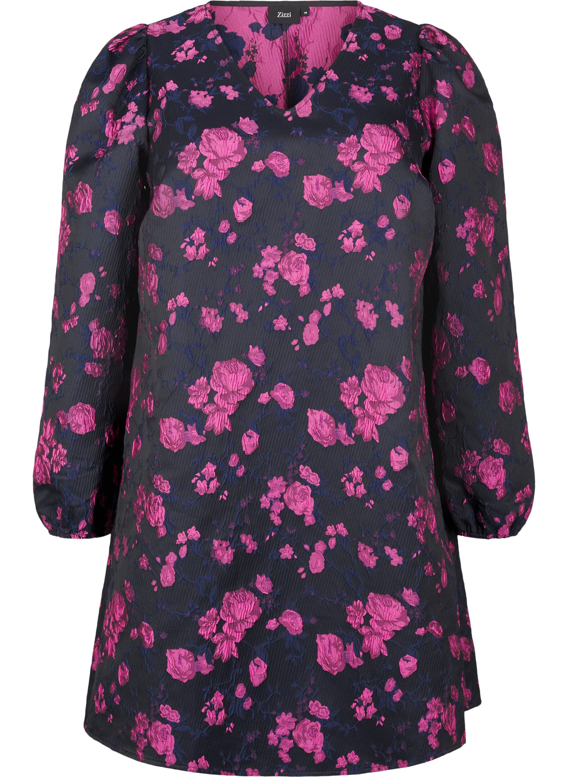 Zizzi Kort jacquard kjole med lange ermer, Black w. Red Rose, Packshot image number 0