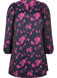 Kort jacquard kjole med lange ermer, Black w. Red Rose