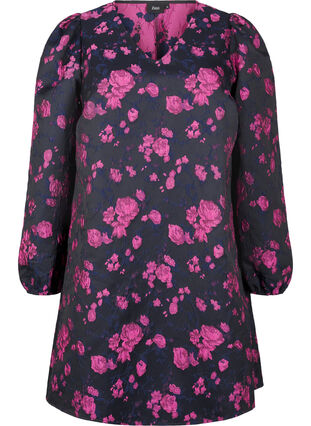 Zizzi Kort jacquard kjole med lange ermer, Black w. Red Rose, Packshot image number 0