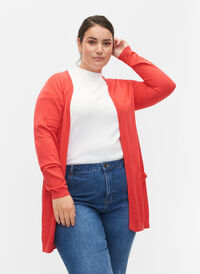 Lang strikkecardigan i viskoseblanding, Poppy Red, Model