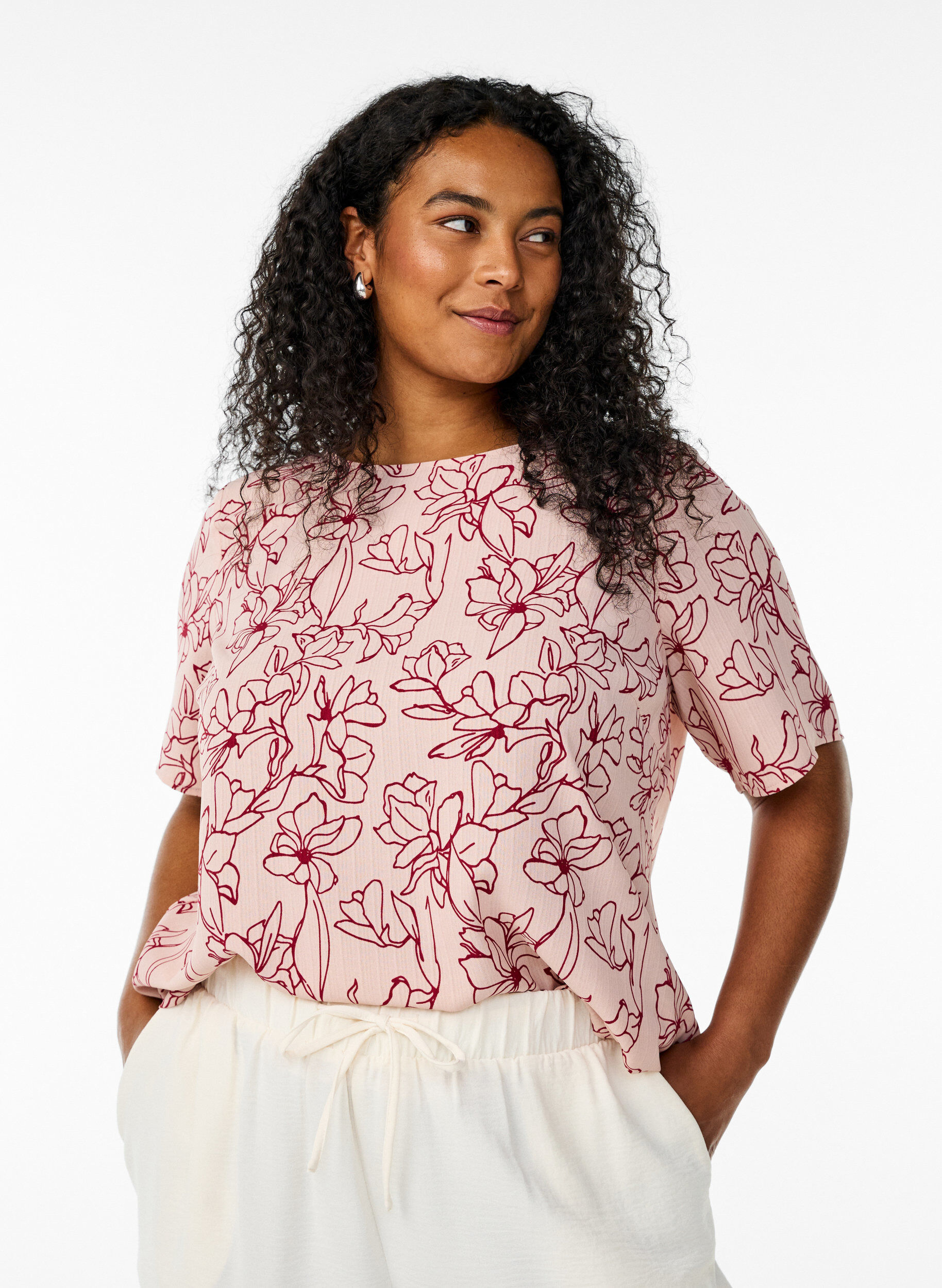 Zizzi Kortermet bluse med rund hals, Rosa, Model image number 0