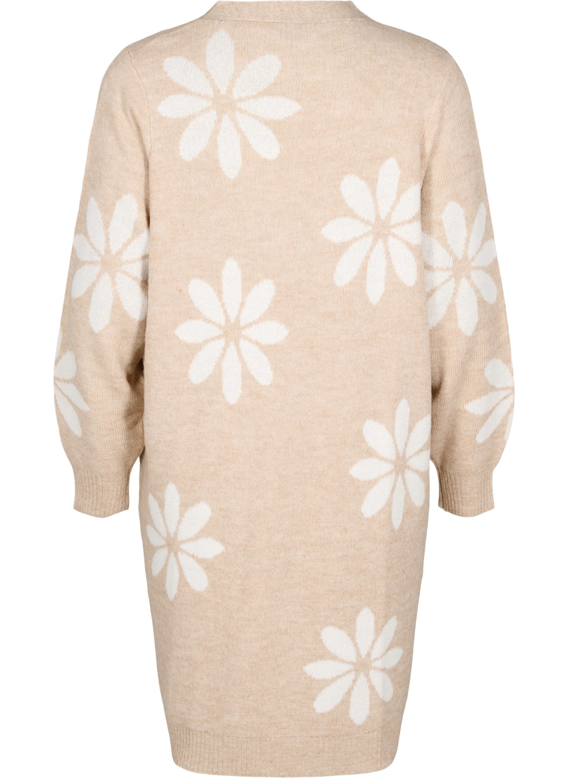 Zizzi Lang strikket cardigan med blomster, Simply Taupe Comb, Packshot image number 1