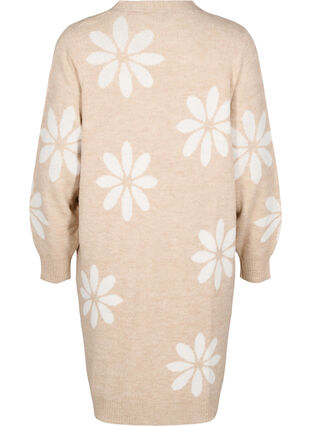 Zizzi Lang strikket cardigan med blomster, Simply Taupe Comb, Packshot image number 1