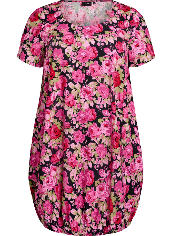 Kortermet bomullskjole med trykt mønster, Svart, Packshot image number 0