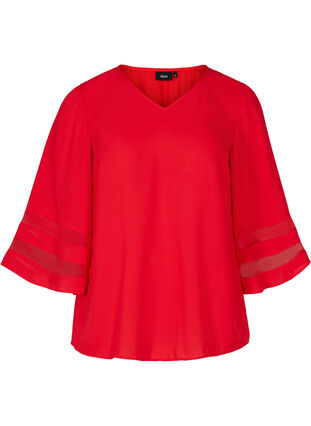 Ensfarget bluse med 3/4-ermer og V-hals, Haute Red, Packshot image number 0
