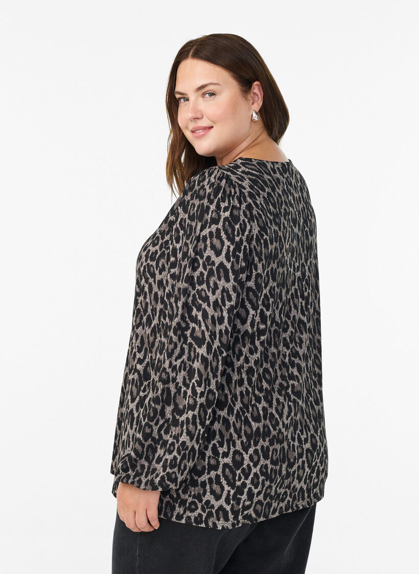 Bluse med lange ermer og leopardmønster, Grå, Model image number 2