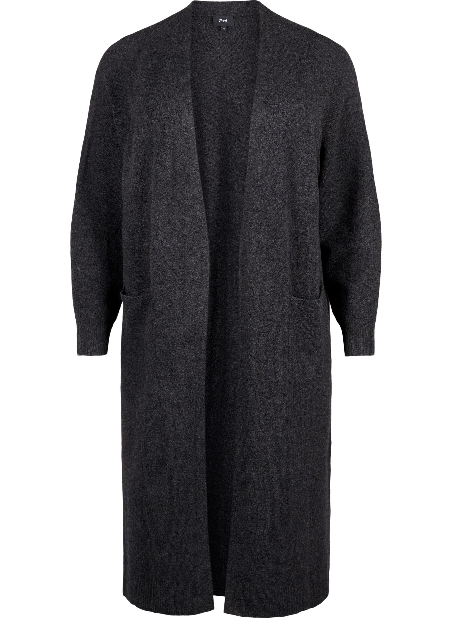 Zizzi Lang strikket cardigan med lommer, Dark Grey Melange, Packshot image number 0