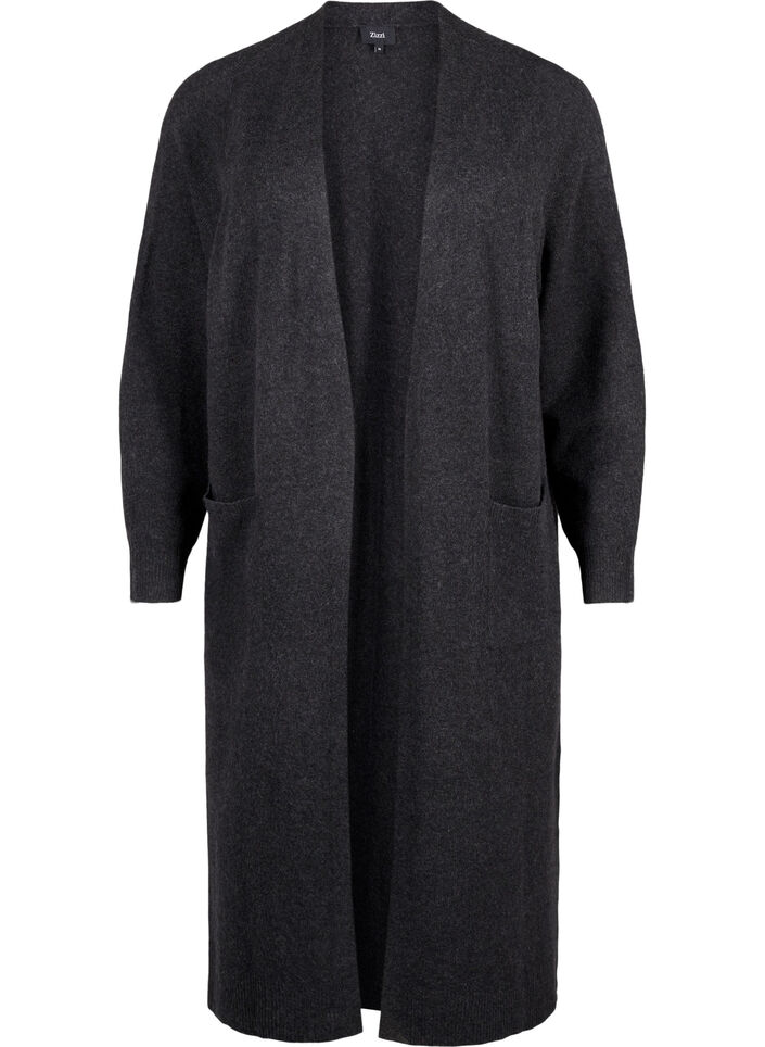 Lang strikket cardigan med lommer, Dark Grey Melange, Packshot image number 0