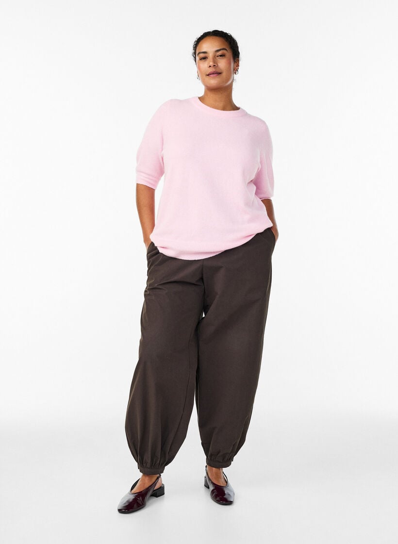 Strikkebluse med korte ermer, Rosa, Model