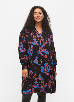 Blomstrete viskosekjole med V-hals, Blue Orange AOP, Model image number 0