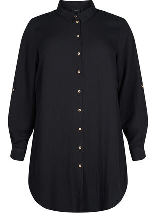 Lang ensfarget skjorte i viskose, Black, Packshot image number 0