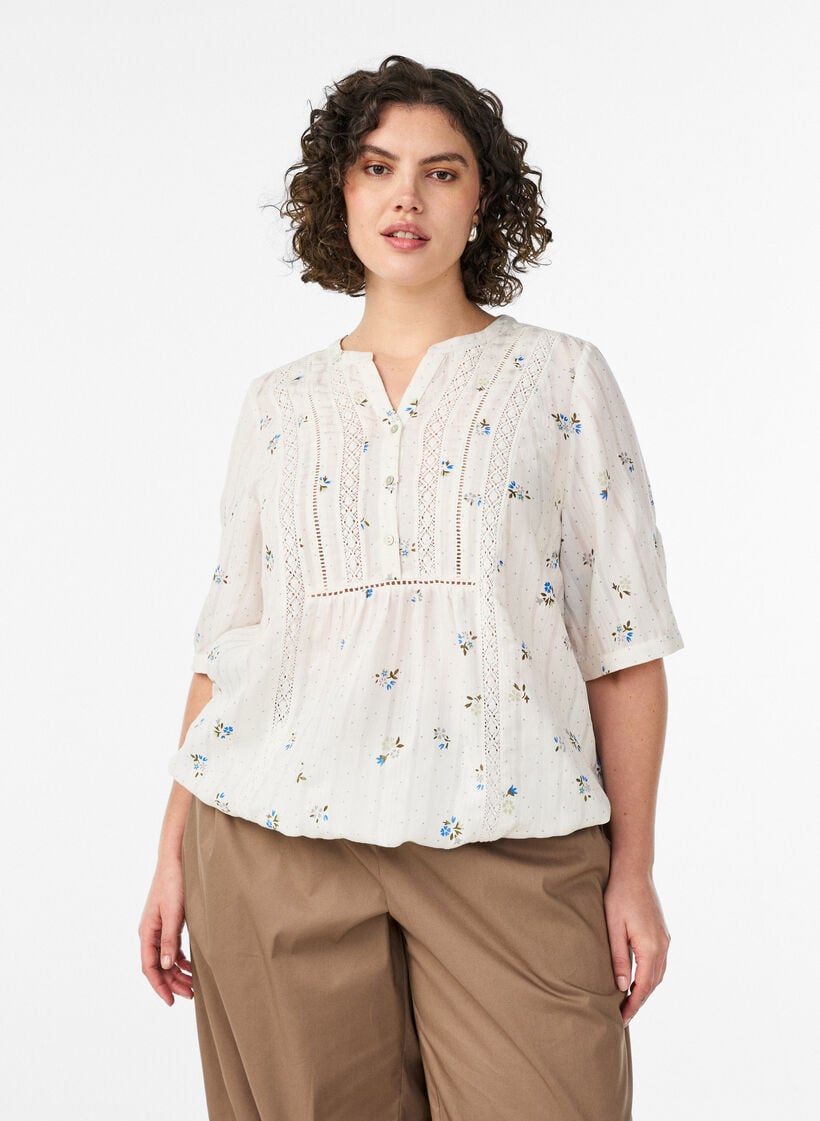 Bluse med trykk og 1/2 ermer, Vanilje, Model image number 0