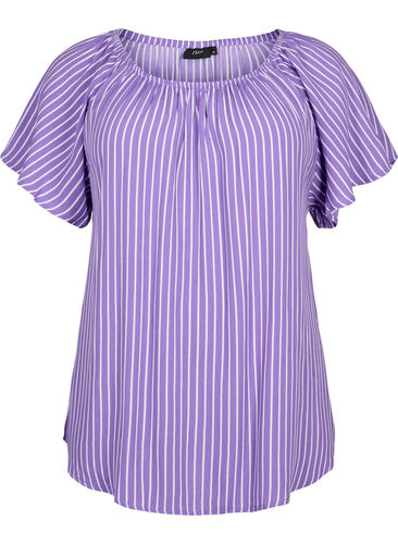 Stripete bluse av viskose med korte ermer, Deep L./White Stripe, Packshot image number 0