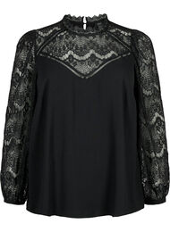 Langermet bluse med blonder, Black