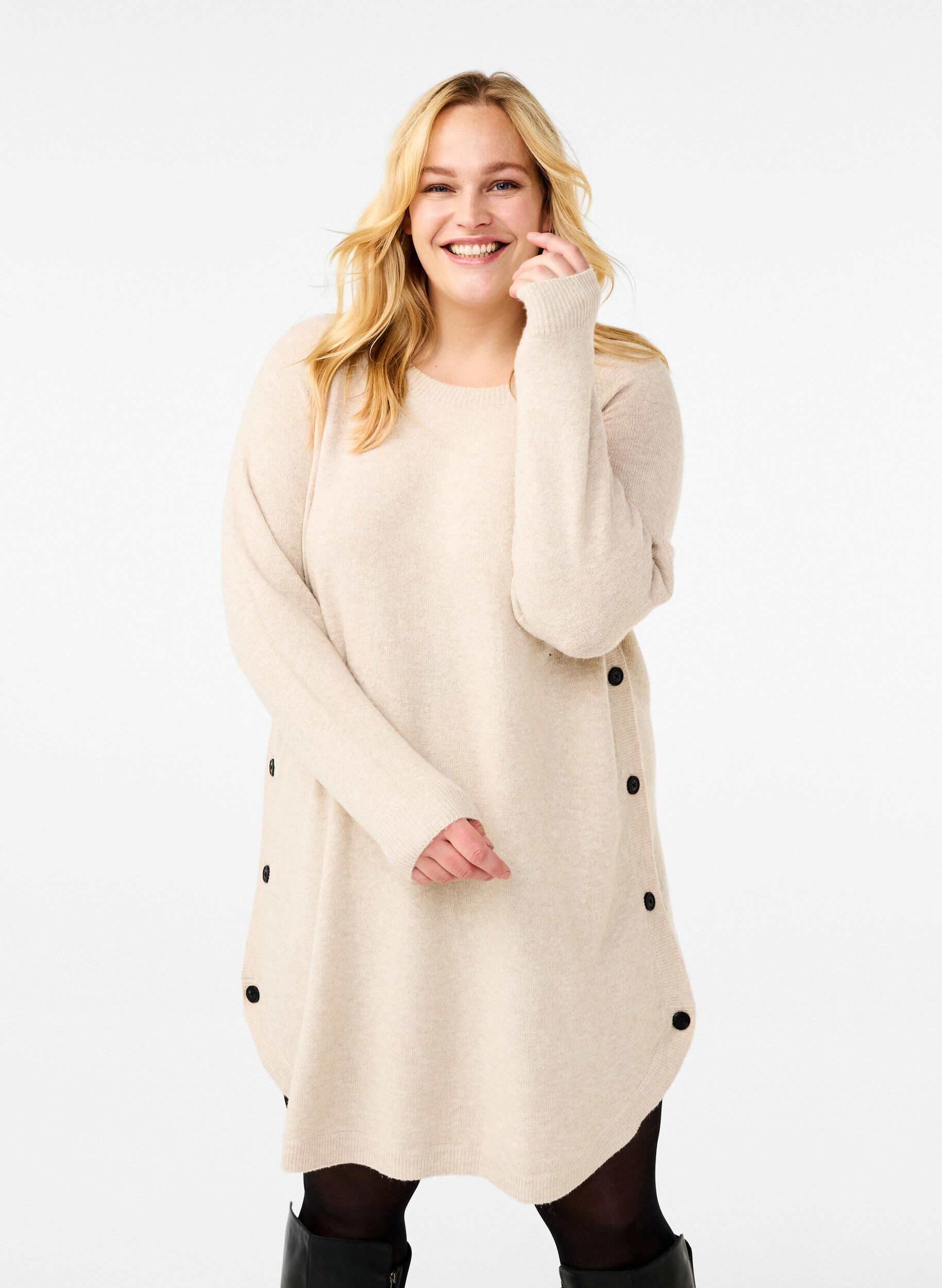 Zizzi Melert strikkekjole med knapper, Pumice Stone Mel., Model image number 0