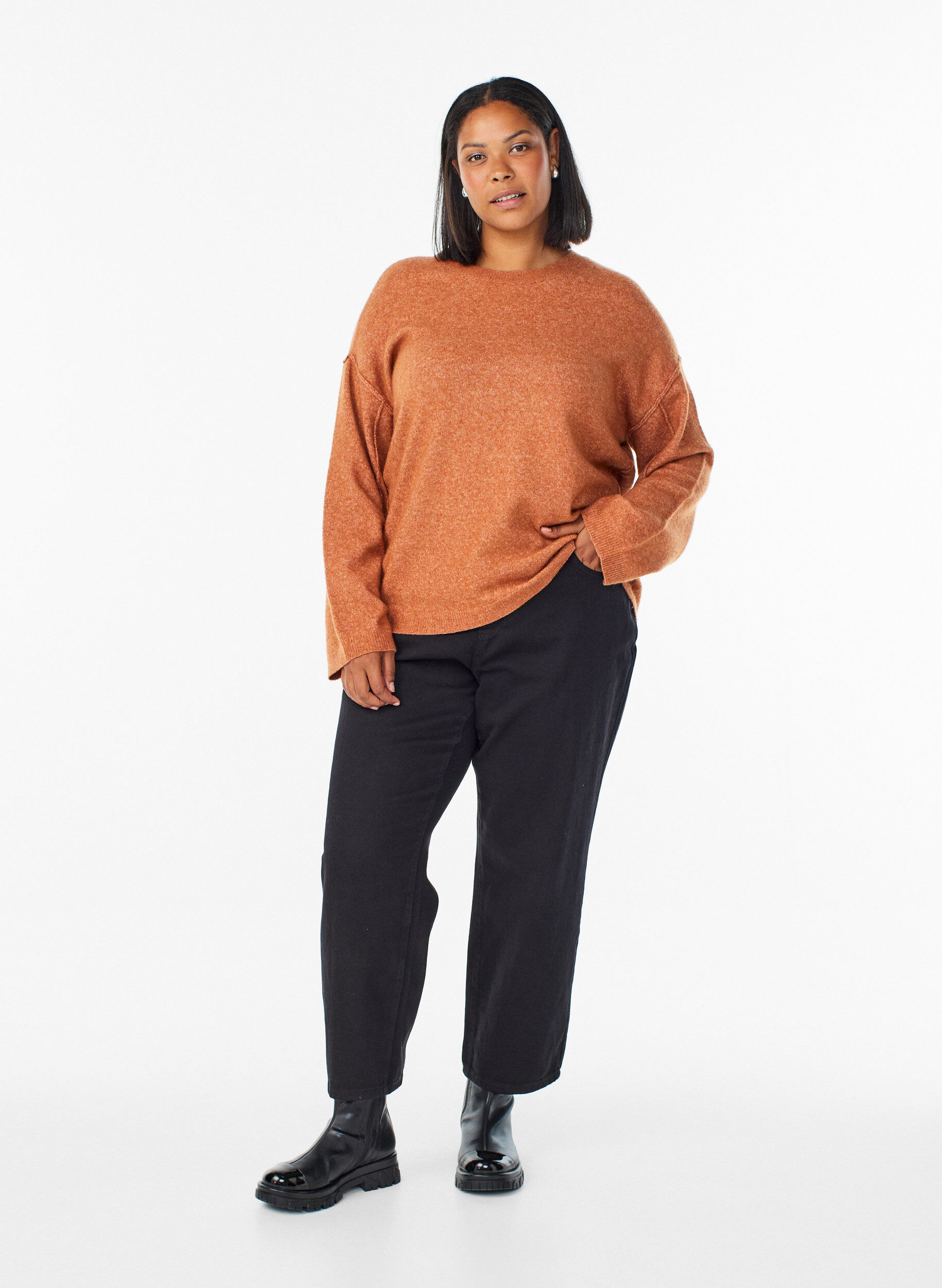 ZizziL&oslash;s strikkegenser med markante s&oslash;mmer, Orange, Model image number 1