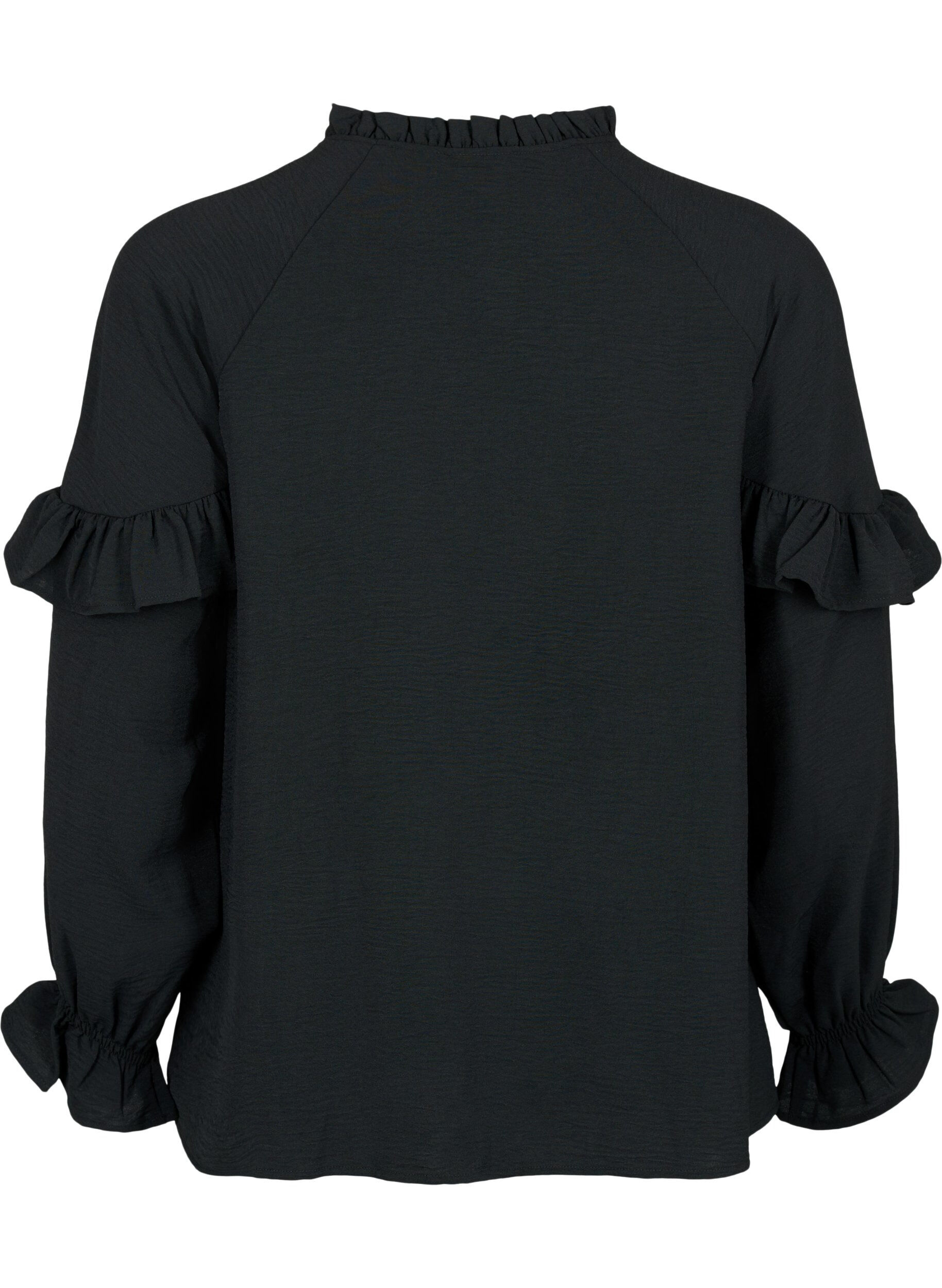 Zizzi Bluse med volanger og knapper, Black, Packshot image number 1