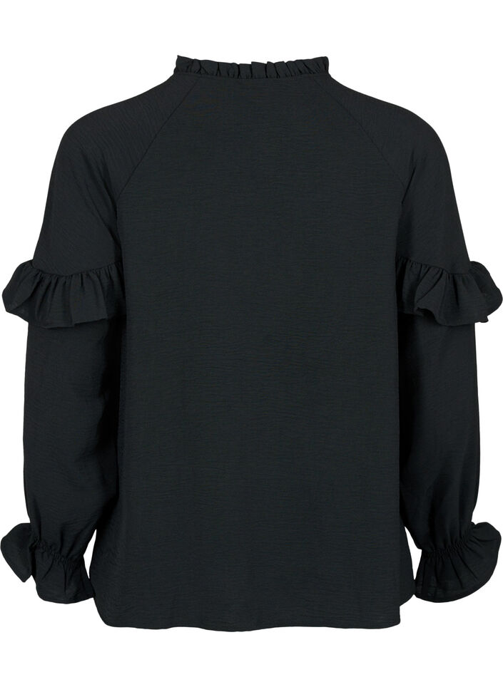 Bluse med volanger og knapper, Black, Packshot image number 1