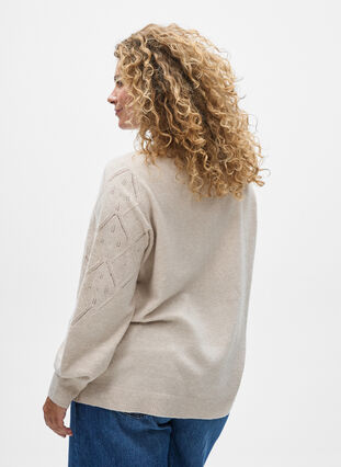 Zizzi Strikket topp med hullmønster og ballongermer, Beige, Model image number 2