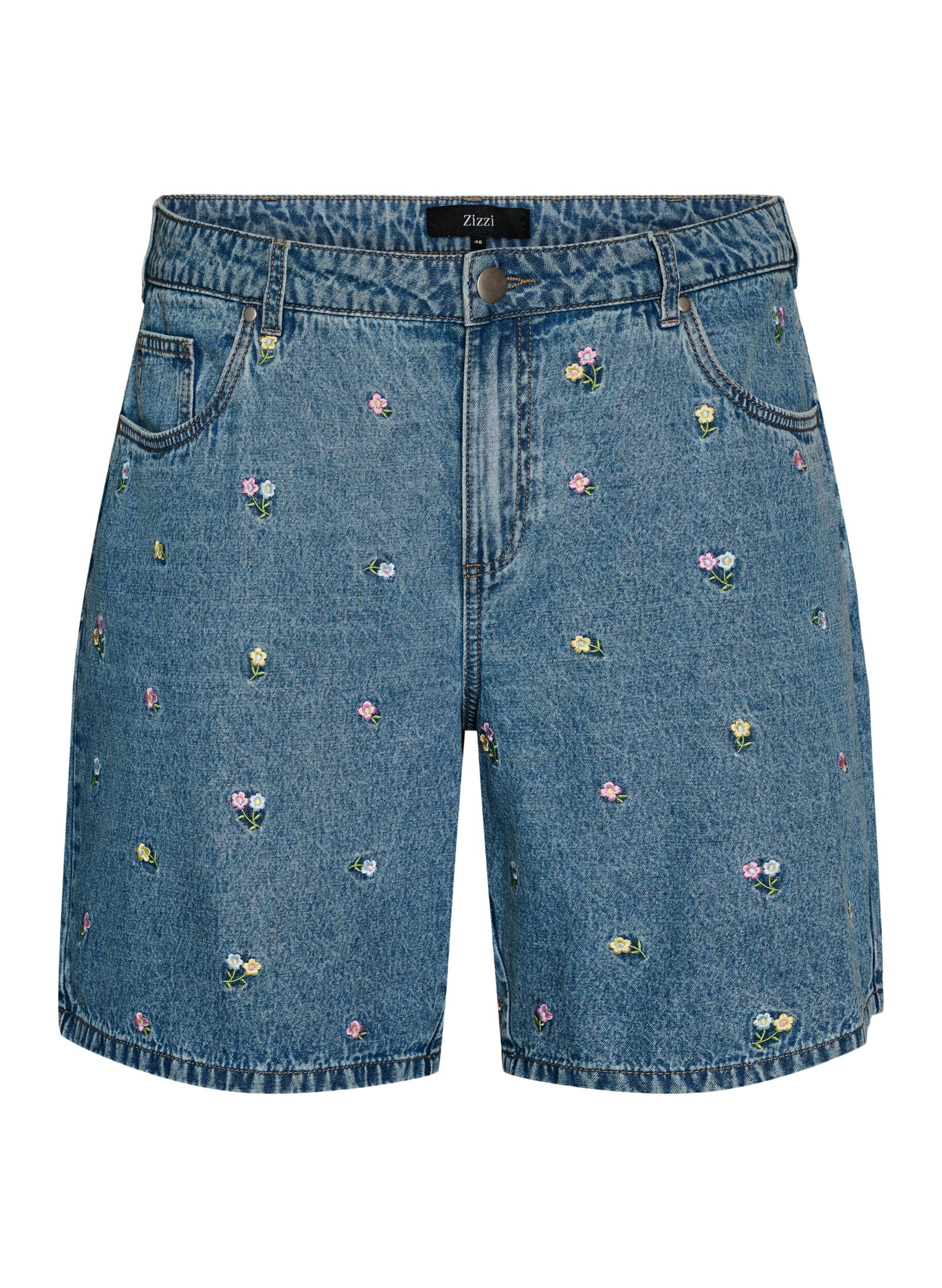Denimshorts med broderte blomster