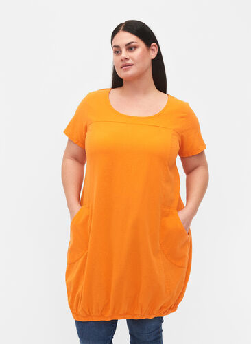 Kortermet kjole i bomull, Orange Tiger, Model image number 0