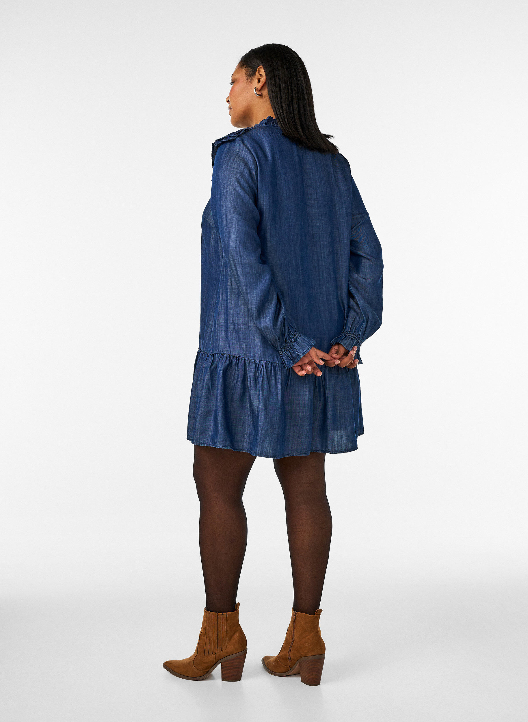 ZizziKort kjole i denimlook med volanger, Bl&aring;, Model image number 2