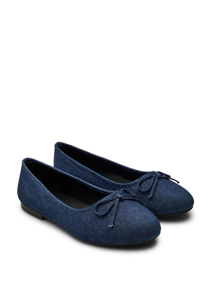 Wide fit - Denim ballerina med sløyfe, Blå, Packshot image number 1
