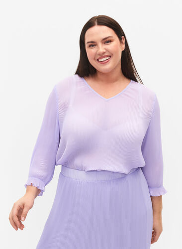 Bluse med plissé og 3/4-ermer, Lavender, Model image number 0