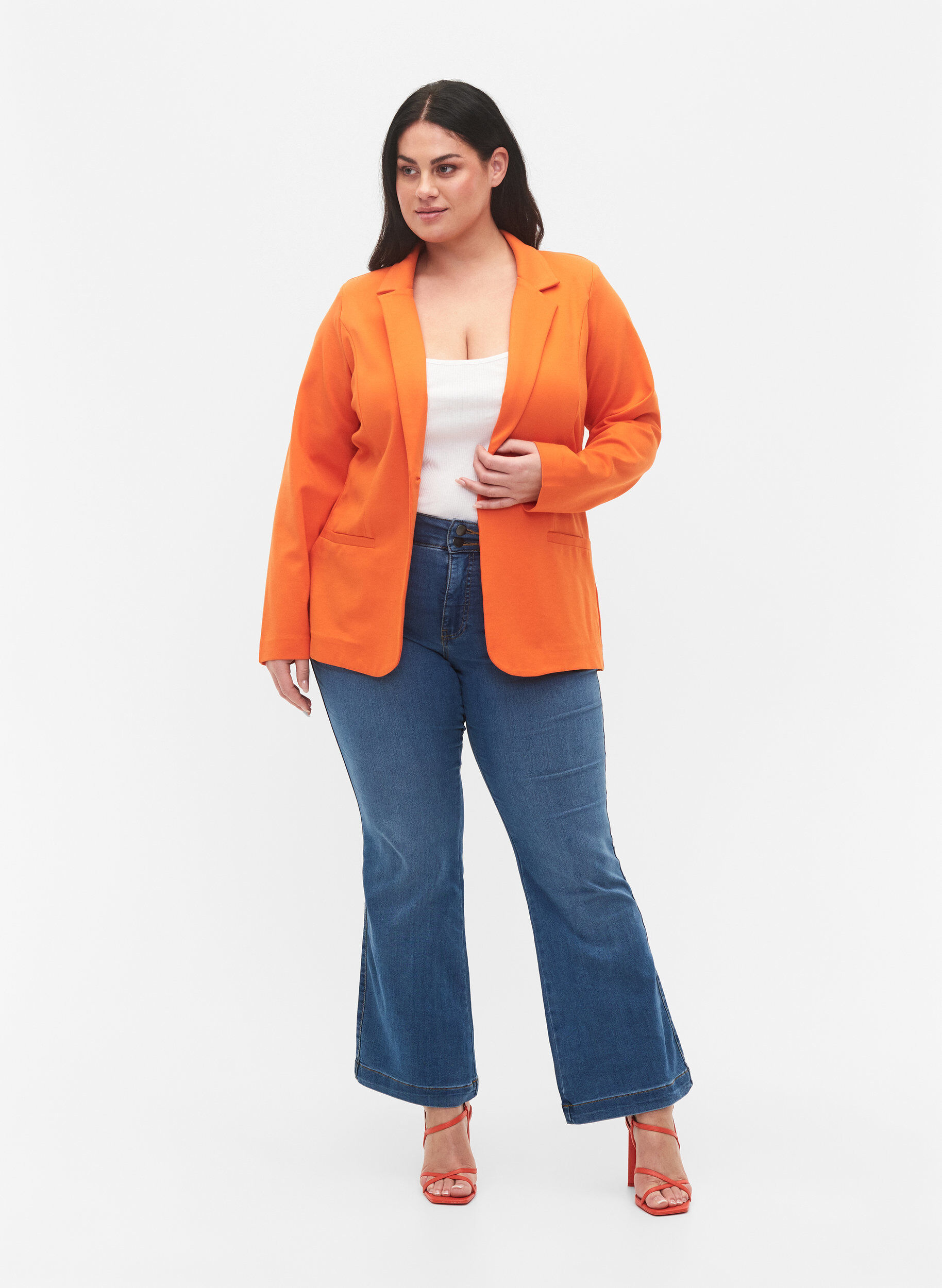 Zizzi Enkel blazer med knapp og pyntelommer, Mandarin Orange, Model image number 2