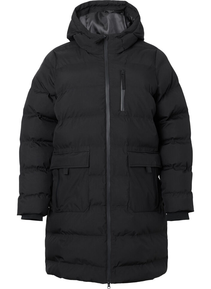 Pufferjakke med hette og lommer, Svart, Packshot image number 0