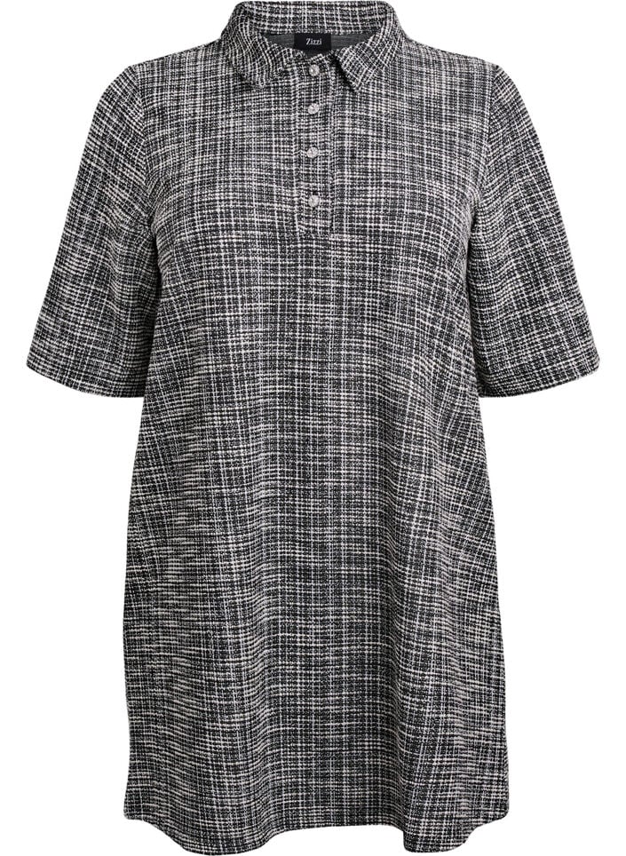 Kort kjole i teksturert jersey med et grafisk sjakkm&oslash;nster, Vanilje, Packshot image number 0