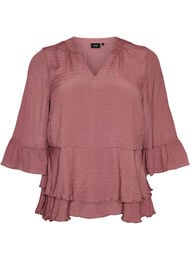 Bluse med 3/4-ermer og volangdetaljer, Rosa