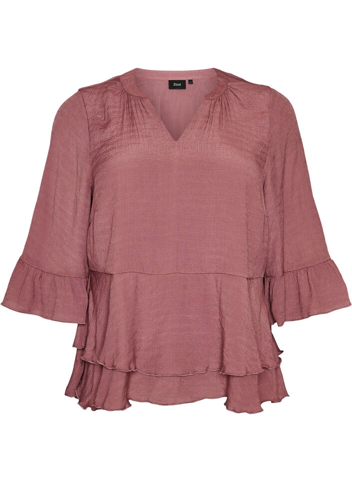 Bluse med 3/4-ermer og volangdetaljer, Rosa, Packshot image number 0