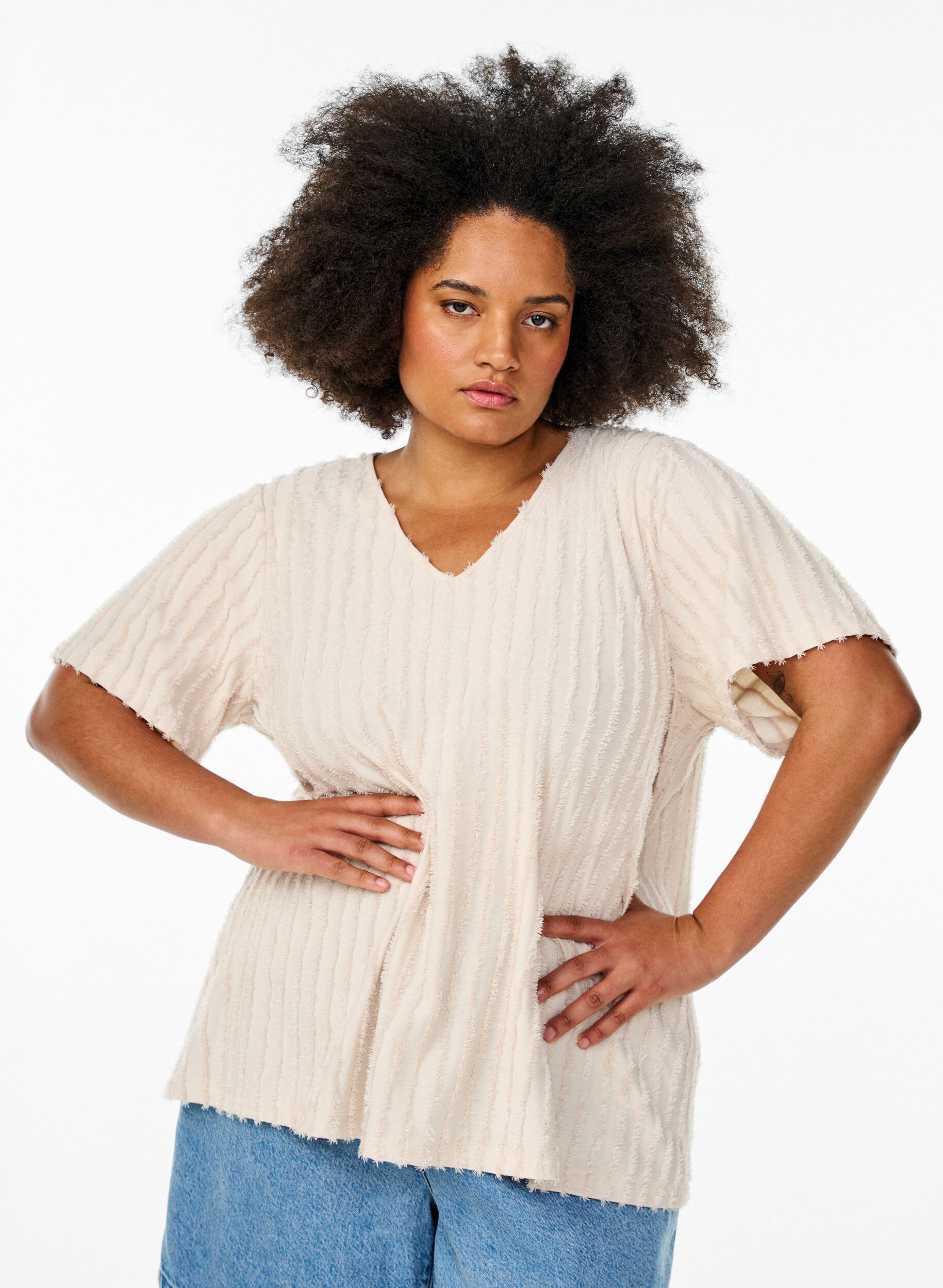 Bluse med korte ermer og stripete tekstur, Beige, Model