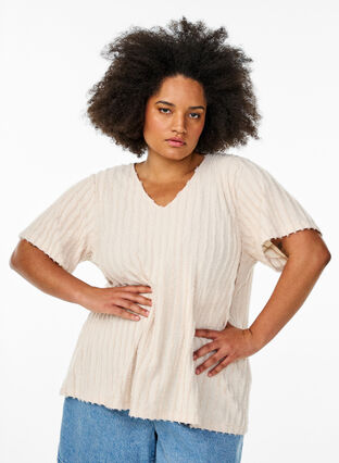 Zizzi Bluse med korte ermer og stripete tekstur, Beige, Model image number 0