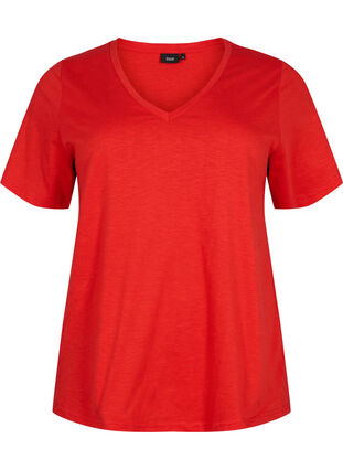 Kortermet basic t-skjorte med v-hals, Flame Scarlet, Packshot image number 0