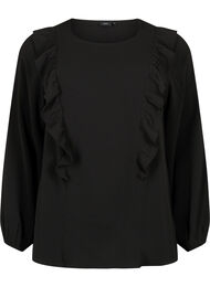 Bluse med lange ermer og volanger, Black