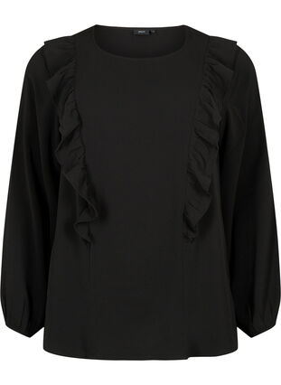 Bluse med lange ermer og volanger, Black, Packshot image number 0